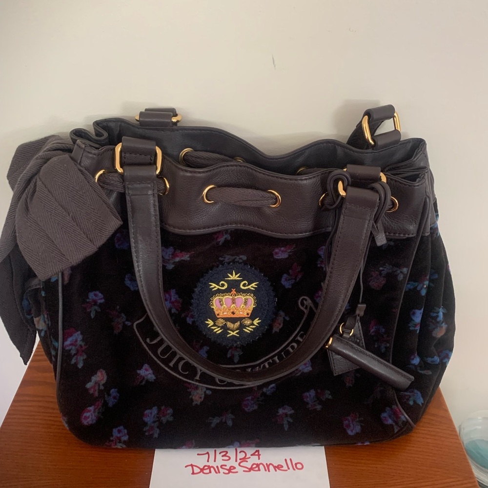 Juicy Couture Vintage Black with Blue Flowers Velour Bag.